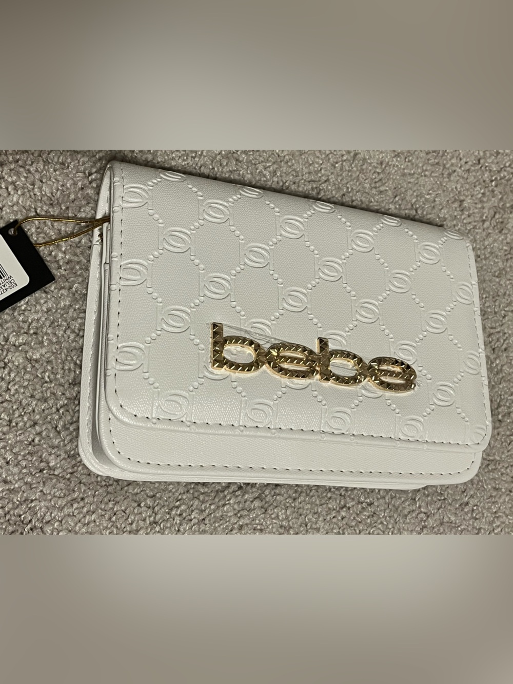 bebe White Embossed Wallet with Gold Logo Accent